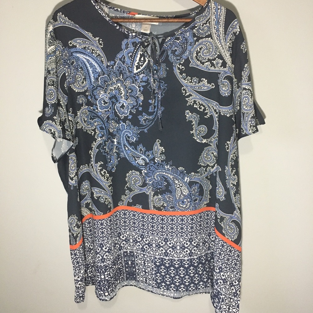 CJ Banks Navy and Orange Paisley Blouse